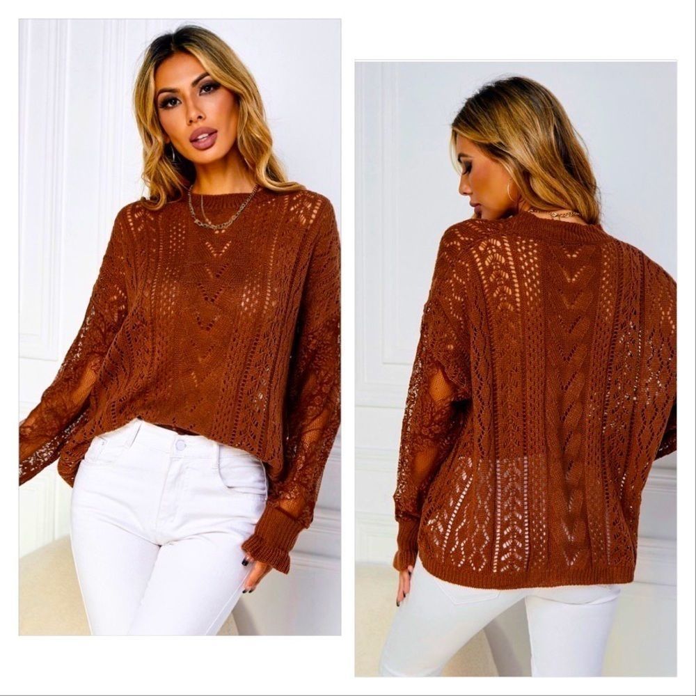 NWT! CONTRAST LACE POINTELLE KNIT DROP SHOULDER SWEATER IN RUST!
